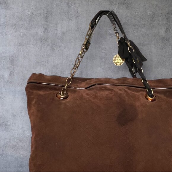 LANVIN "Amalia" Python Print Brown Suede Bucket Shoulder Bag made in Italy 13" H - Picture 9 of 16